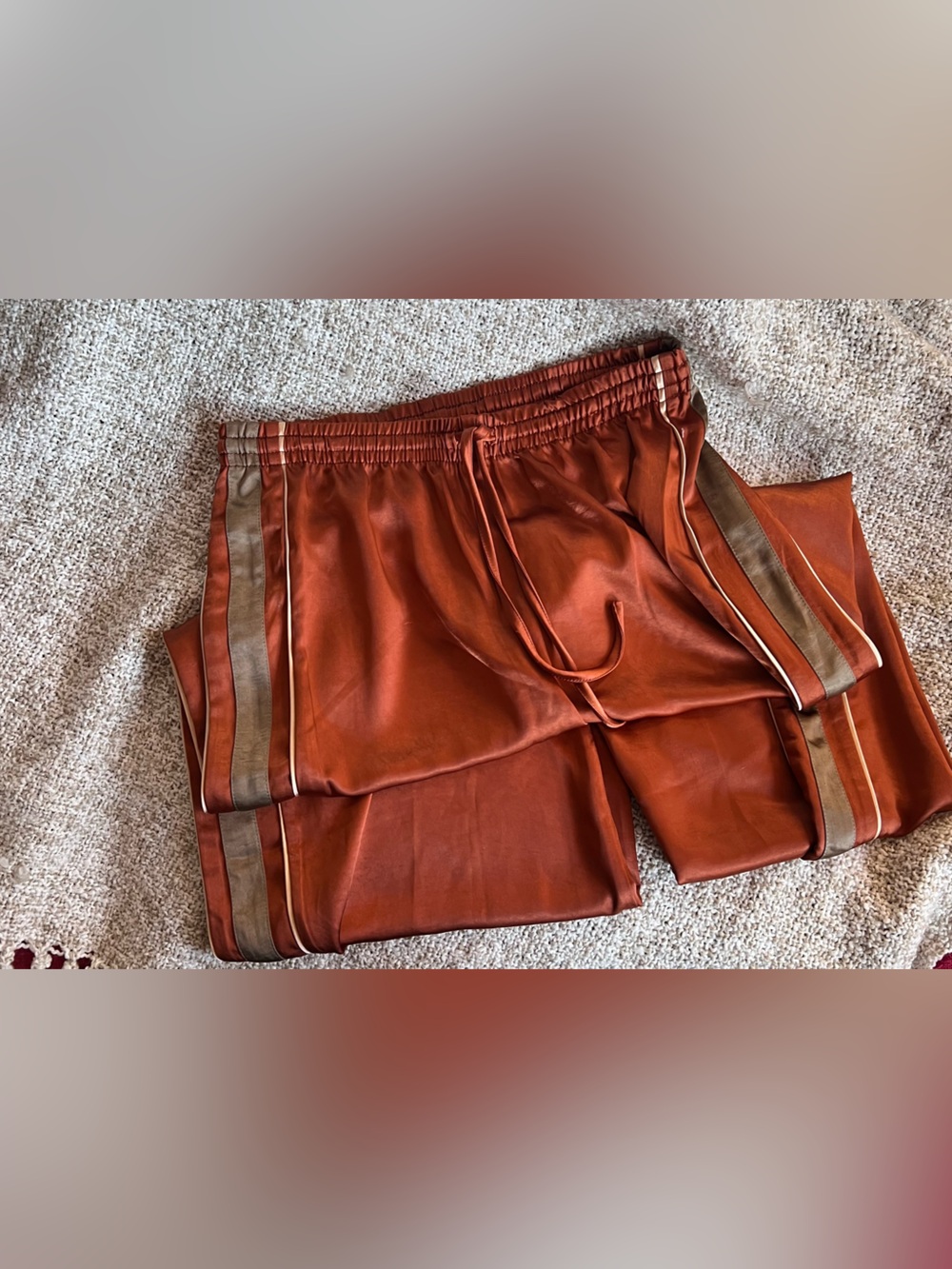 Women’s size M Mystree Copper Rust Satin Side-Stripe Track Pants